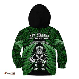 New Zealand Aotearoa Rugby Kid Hoodie NZ Tiki With Maori Fern World Cup Green Version