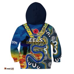 Eels Rugby ANZAC Hoodie KID Aboriginal Mix Poppy Lest We Forget