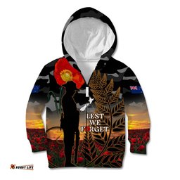 New Zealand ANZAC Day Kid Hoodie Lest We Forget Silver Fern With Camouflage