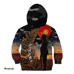 New Zealand ANZAC Day Kid Hoodie Lest We Forget Silver Fern With Camouflage