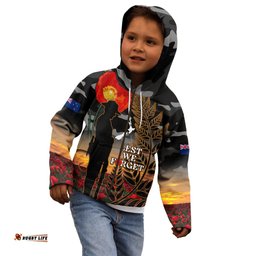 New Zealand ANZAC Day Kid Hoodie Lest We Forget Silver Fern With Camouflage