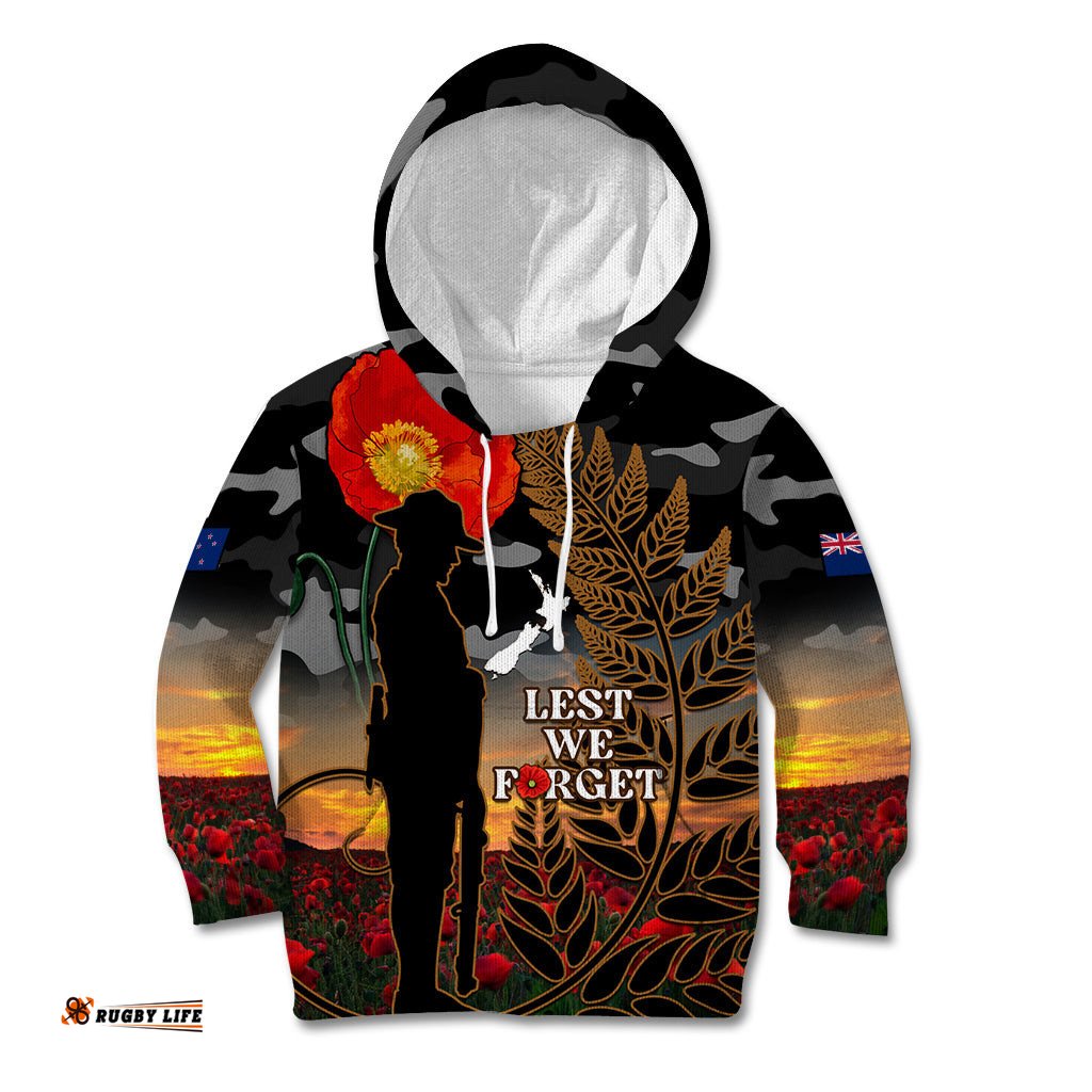 New Zealand ANZAC Day Kid Hoodie Lest We Forget Silver Fern With Camouflage