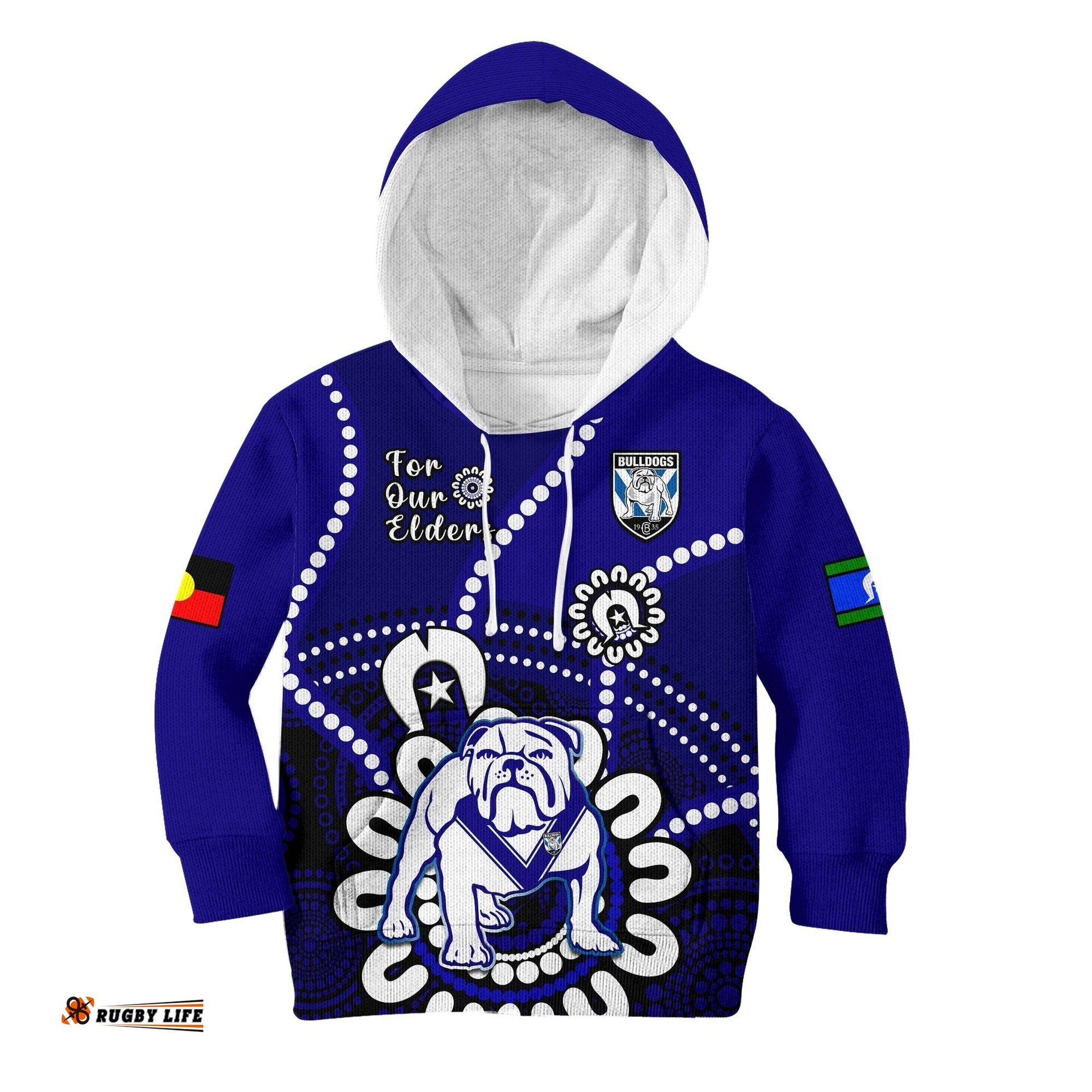 Custom Text And Number Bulldogs Rugby NAIDOC Hoodie KID For Our Elders Aboriginal