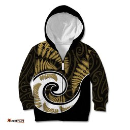 New Zealand Kid Hoodie Maori With Silver Fern Gold
