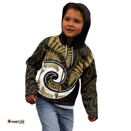 New Zealand Kid Hoodie Maori With Silver Fern Gold