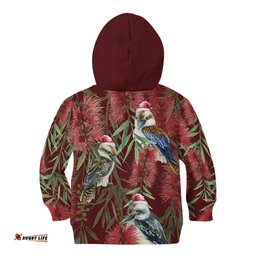 Australia Christmas Kid Hoodie Kookaburra Santa on Red Bottlebrush