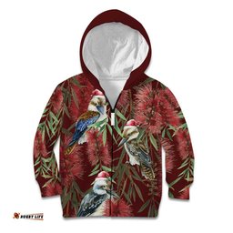 Australia Christmas Kid Hoodie Kookaburra Santa on Red Bottlebrush