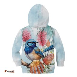 Splendid Fairy wren Australia Kid Hoodie Aussie National Flowers Watercolor Style
