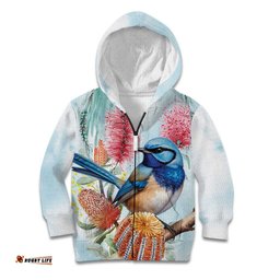 Splendid Fairy wren Australia Kid Hoodie Aussie National Flowers Watercolor Style