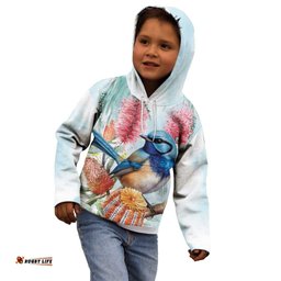Splendid Fairy wren Australia Kid Hoodie Aussie National Flowers Watercolor Style