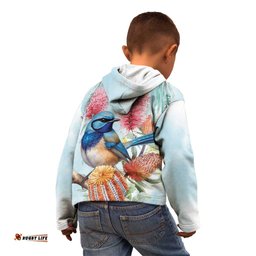 Splendid Fairy wren Australia Kid Hoodie Aussie National Flowers Watercolor Style
