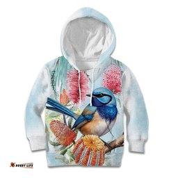 Splendid Fairy wren Australia Kid Hoodie Aussie National Flowers Watercolor Style