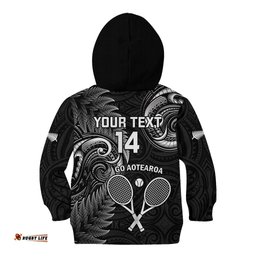 Custom New Zealand Tiki Tennis Kid Hoodie 2024 Aotearoa Tenehi Maori Silver Fern Black