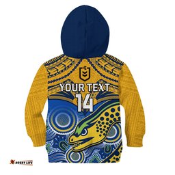 Custom Text And Number Parramatta Rugby Hoodie KID Go Eels Polynesian Mix Indigenous Art
