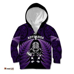 New Zealand Aotearoa Rugby Kid Hoodie NZ Tiki With Maori Fern World Cup Purple Version