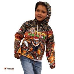Merry Christmas Wests Tigers Kid Hoodie Aboriginal Santa Rugby Mascot The Tigers