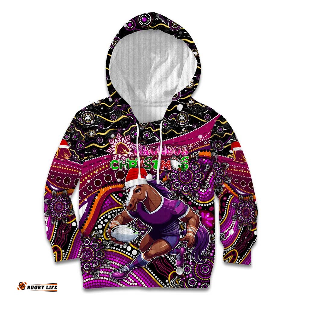 Merry Christmas Broncos Kid Hoodie Aboriginal Santa Rugby Mascot Brisbane
