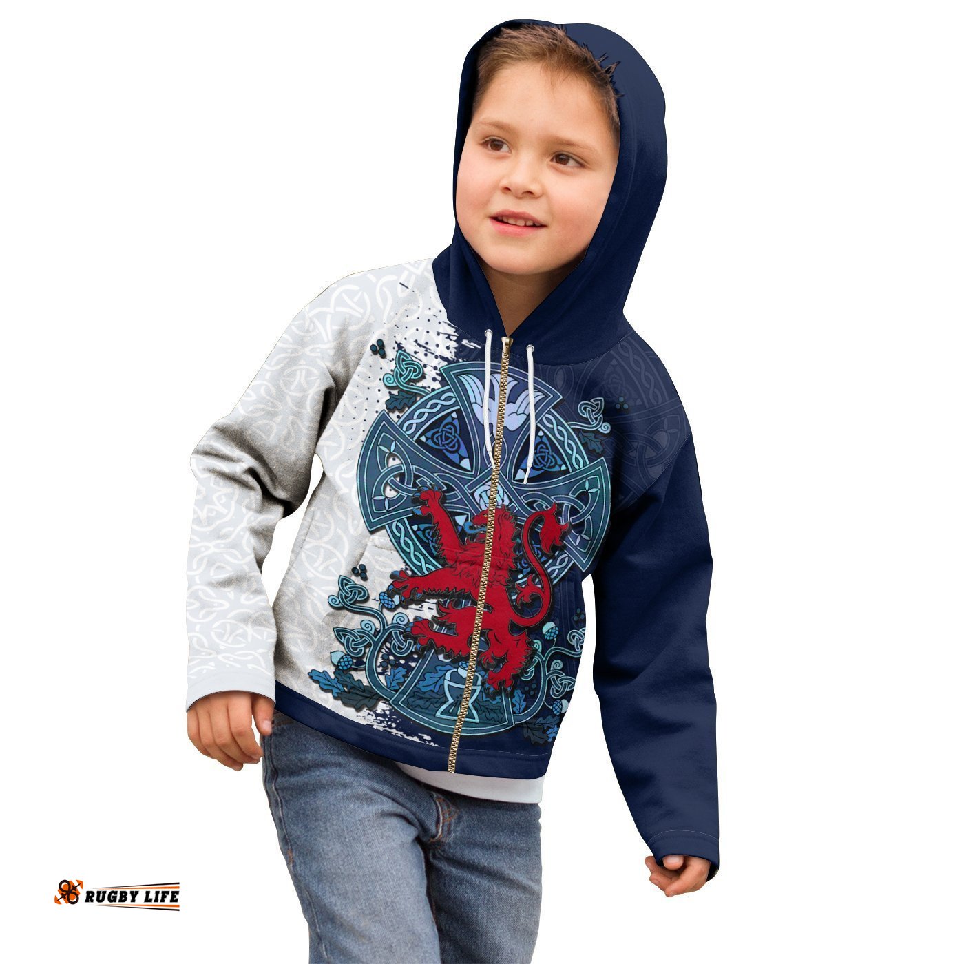 Kid Scotland Celtic Zip Up Hoodie Lion Rampant With Celtic Cross