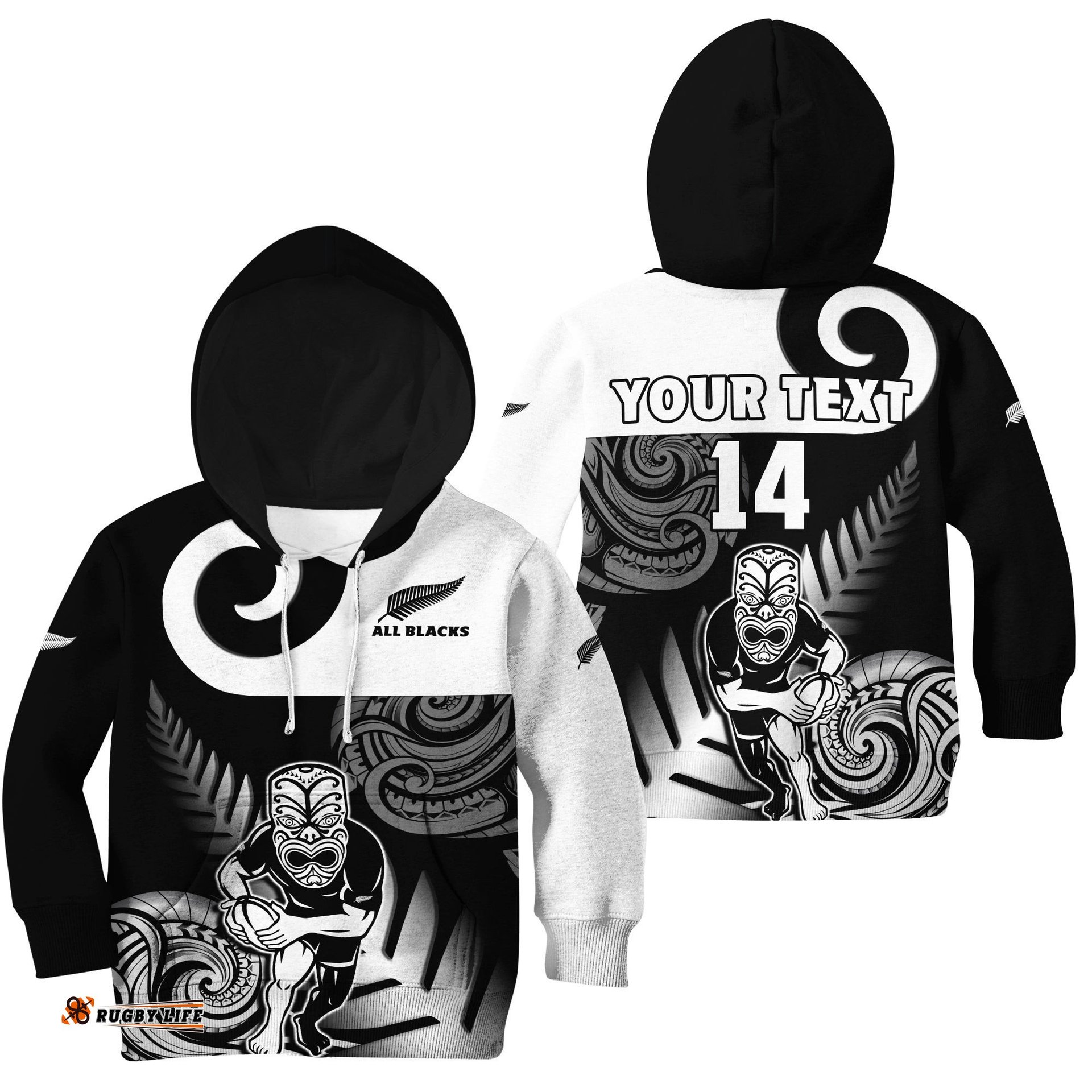 Custom Text And Number New Zealand Silver Fern Rugby Hoodie KID All Black Maori Koru
