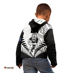 Custom New Zealand Rugby Kid Hoodie Proud Aoteroa Stylised Maori Koru