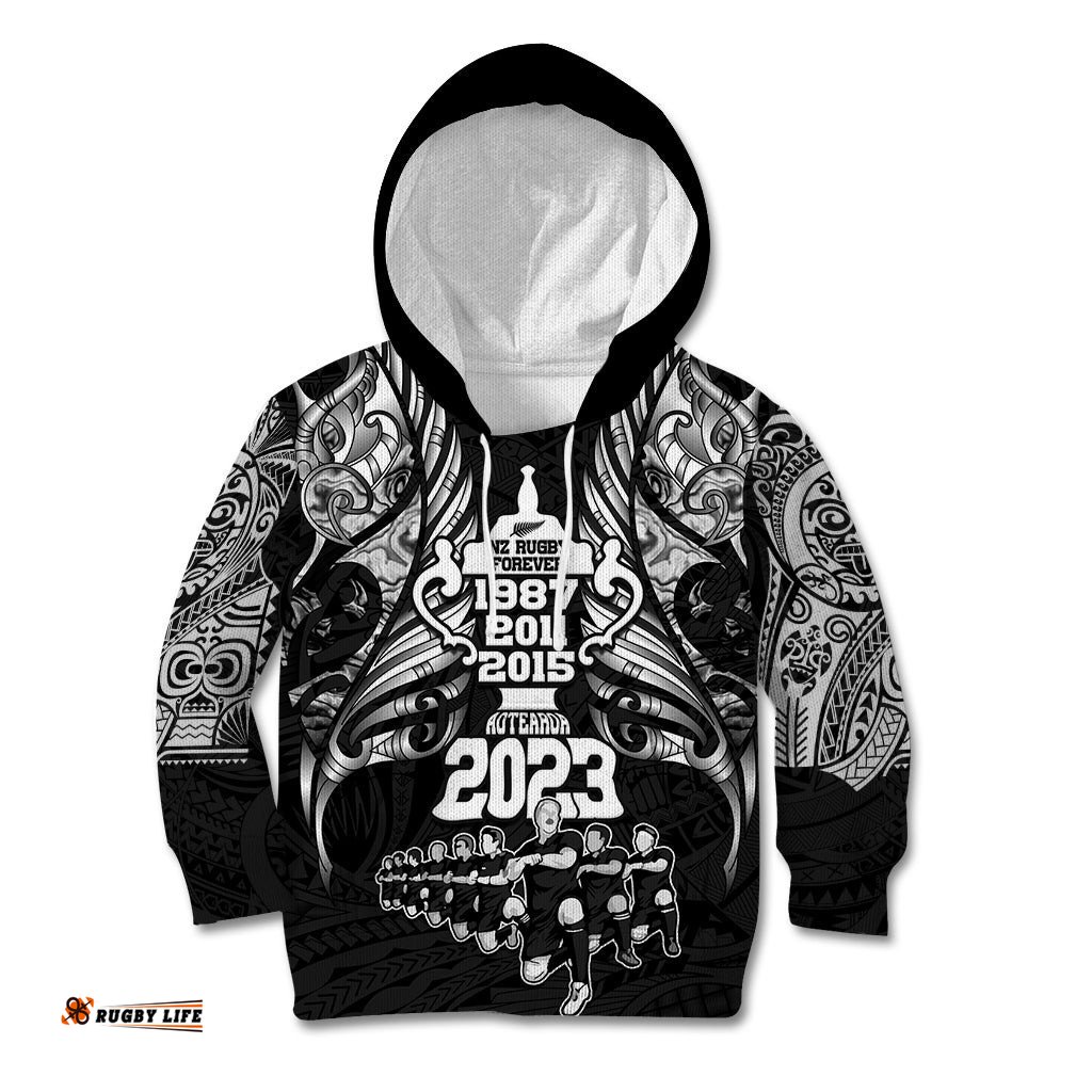 Custom New Zealand Rugby Kid Hoodie Black Haka Dance With NZ Champions History