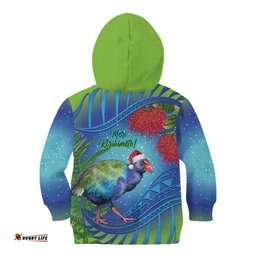 New Zealand Takahe Christmas Kid Hoodie Maori Fern Mix Pohotukawa