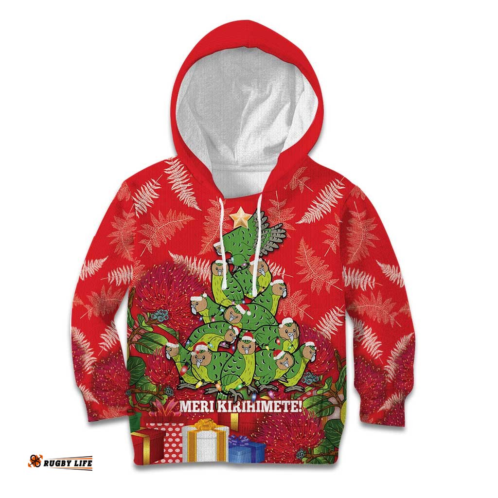 Kakapo New Zealand Christmas Kid Hoodie Meri Kirihimete Pohutukawa Red Color