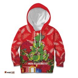 Kakapo New Zealand Christmas Kid Hoodie Meri Kirihimete Pohutukawa Red Color