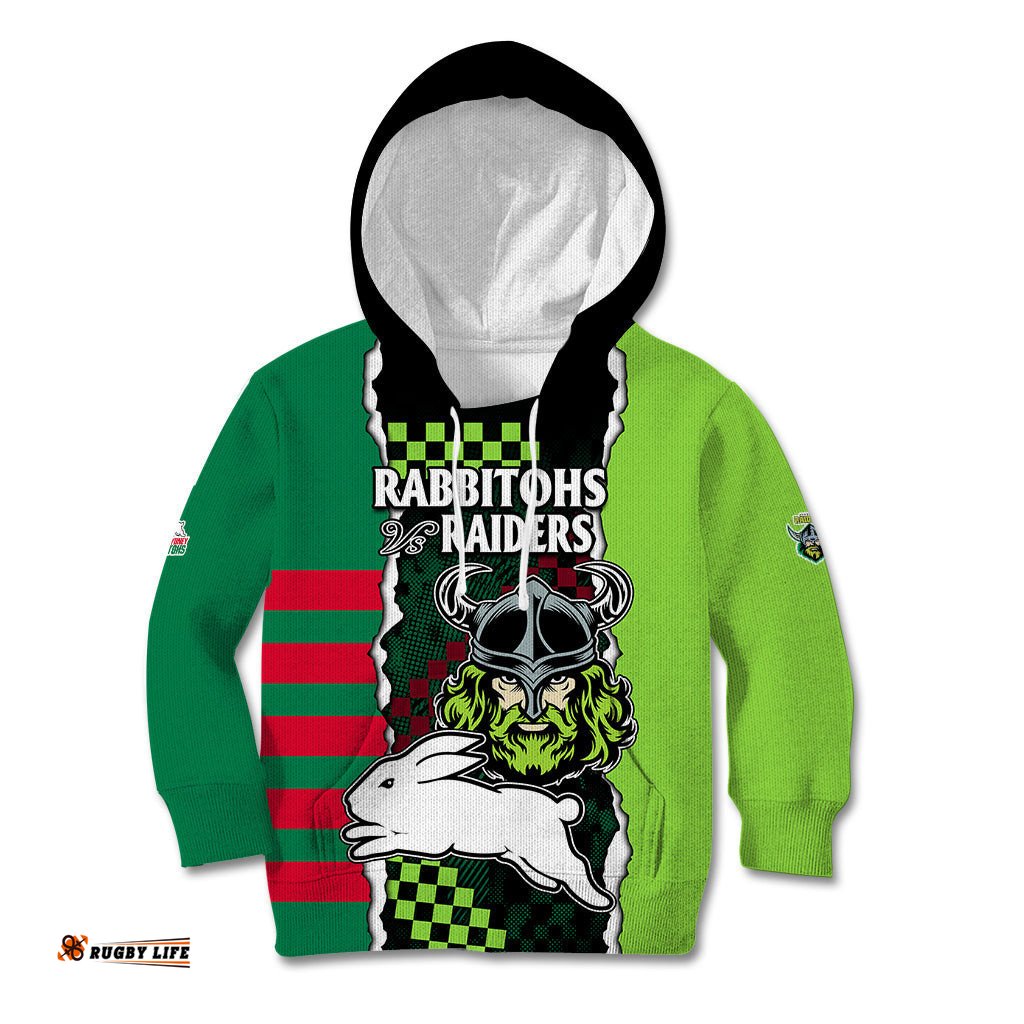 Custom Text And Number NRL Combine Rabbitohs and Raiders Kid Hoodie Sporty Style