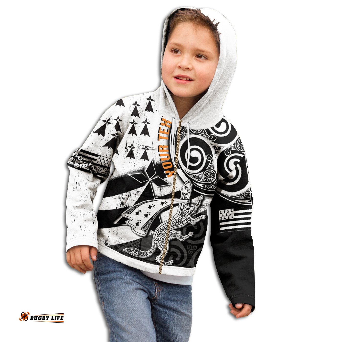 KID Custom Text Bretagne Personalised Zip Hoodie Brittany Ermine With Celtic Triskelion