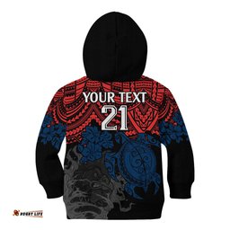Custom Roosters Rugby Kid Hoodie Sydney Hibiscus and Turtle With Polynesian Pattern