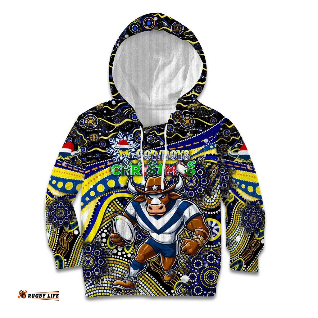 Merry Christmas Cowboys Kid Hoodie Aboriginal Santa Rugby Mascot North Queensland