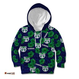 Custom Text And Number New Zealand Warriors Rugby Kid Hoodie Polynesian Style With Hibiscus