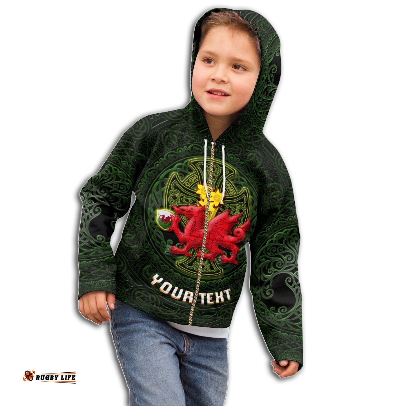 KID Customized Welsh Dragon with Celtic Cross and Daffodils Zip Hoodie The Symbols of Wales