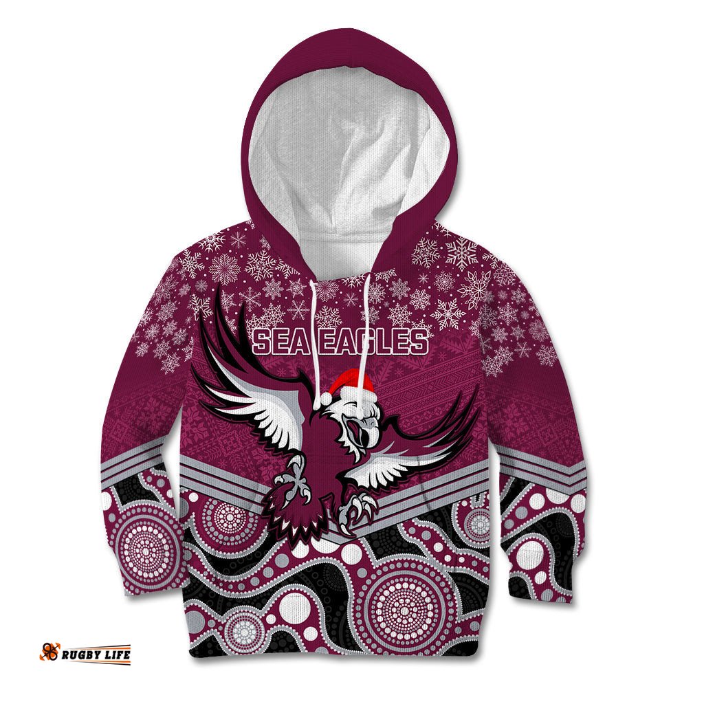 Custom Sea Eagles Rugby Christmas Kid Hoodie Merry Xmas Mix Aboriginal Art