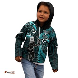 Custom New Zealand Tiki Tennis Kid Hoodie 2024 Aotearoa Tenehi Maori Silver Fern Turquoise