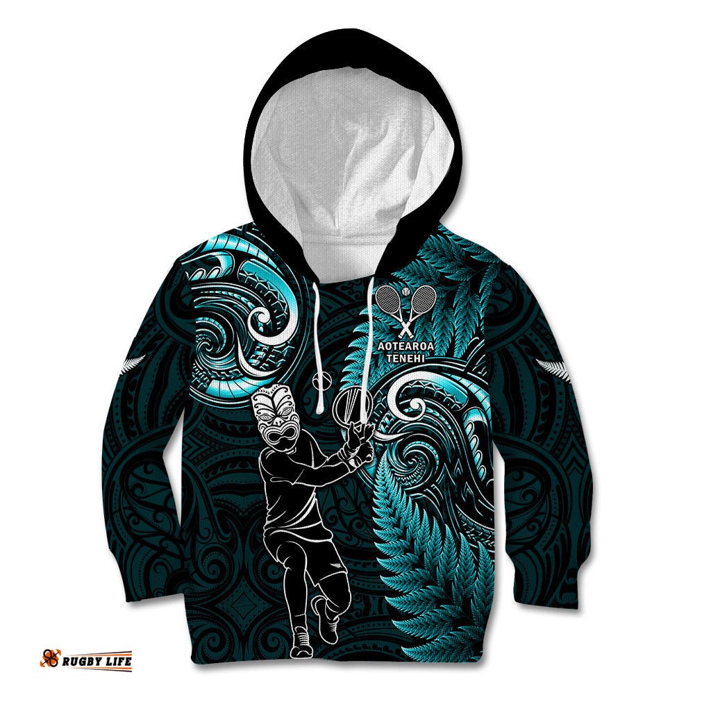 Custom New Zealand Tiki Tennis Kid Hoodie 2024 Aotearoa Tenehi Maori Silver Fern Turquoise