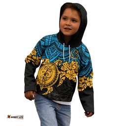 Custom Titans Rugby Kid Hoodie GLD Hibiscus and Turtle With Polynesian Pattern