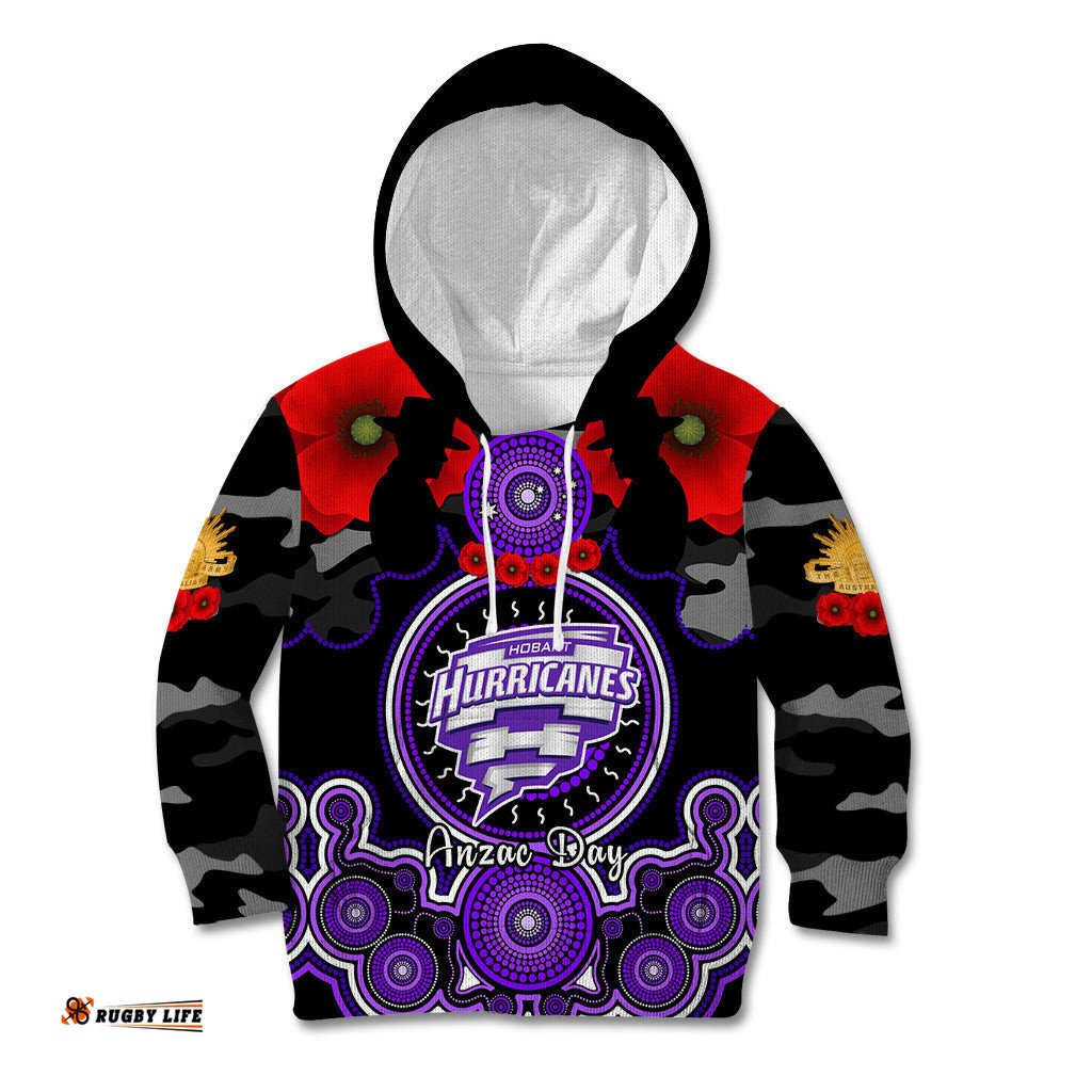 Hobart Hurricanes ANZAC 2024 Kid Hoodie Lest We Forget Poppy Mix Camouflage