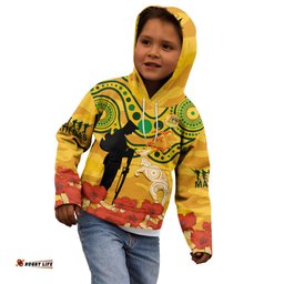 Custom Matildas ANZAC Day Kid Hoodie Lest We Forget Poppies Mix Camouflage Gold