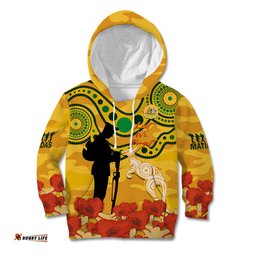 Custom Matildas ANZAC Day Kid Hoodie Lest We Forget Poppies Mix Camouflage Gold