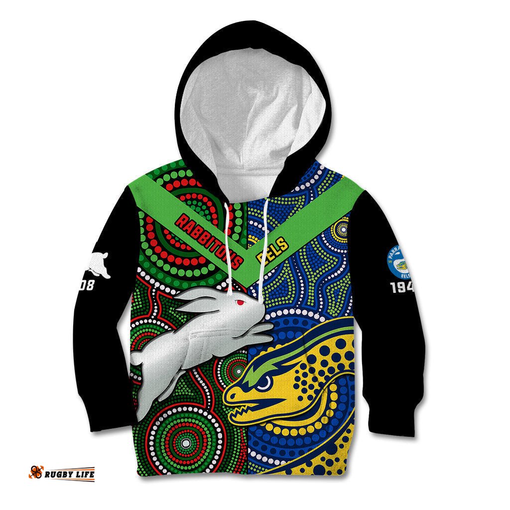 Custom Text And Number Rabbitohs Mix Eels Rugby Kid Hoodie Souths And Parra Indigenous