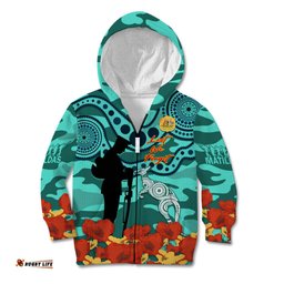 Custom Matildas ANZAC Day Kid Hoodie Lest We Forget Poppies Mix Camouflage Turquoise