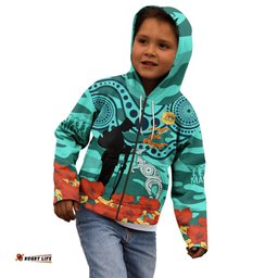 Custom Matildas ANZAC Day Kid Hoodie Lest We Forget Poppies Mix Camouflage Turquoise