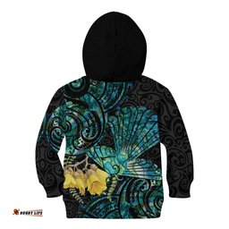 New Zealand Fantail Bird Kid Hoodie Maori Piwakawaka Kowhai Paua Shell Pattern