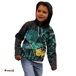 New Zealand Fantail Bird Kid Hoodie Maori Piwakawaka Kowhai Paua Shell Pattern