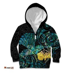 New Zealand Fantail Bird Kid Hoodie Maori Piwakawaka Kowhai Paua Shell Pattern