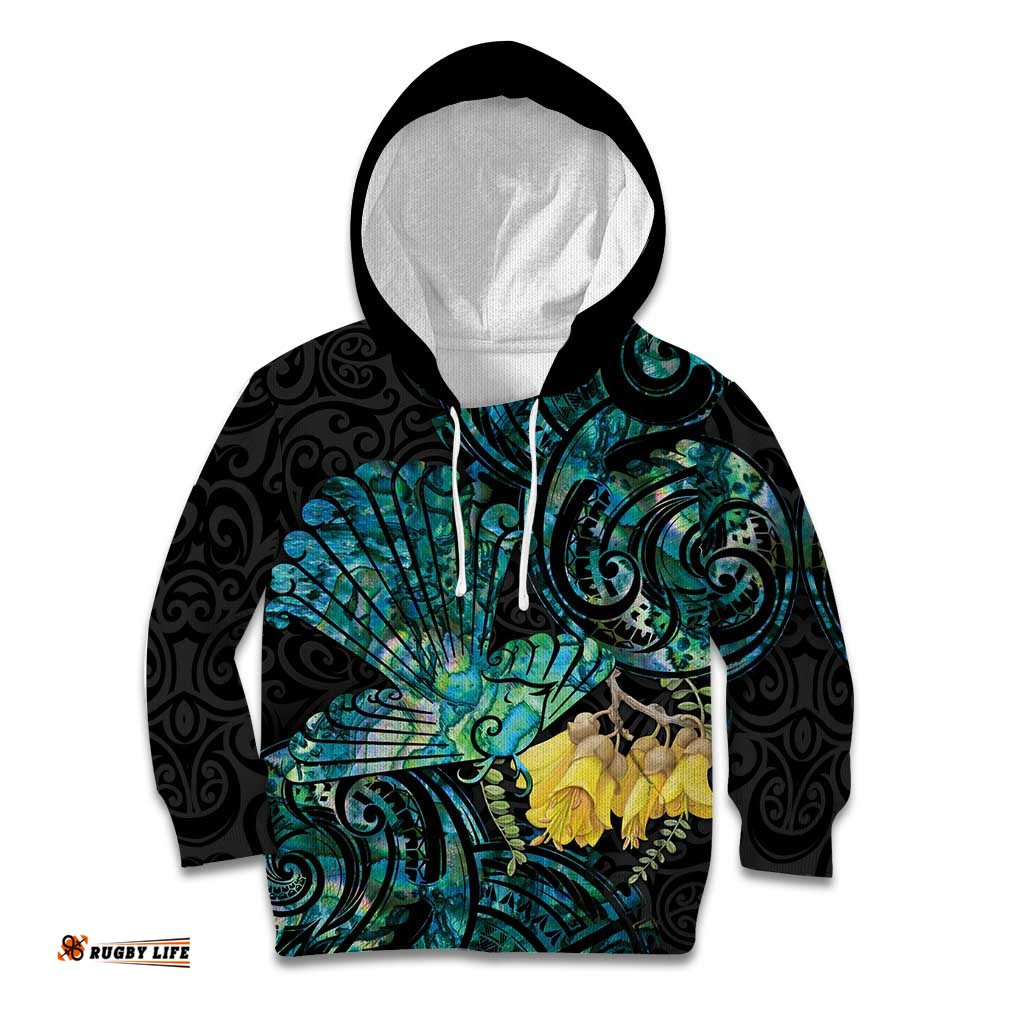 New Zealand Fantail Bird Kid Hoodie Maori Piwakawaka Kowhai Paua Shell Pattern