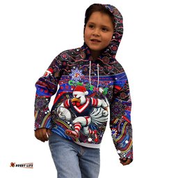 Merry Christmas Sydney Roosters Kid Hoodie Aboriginal Santa Rugby Mascot Tricolours