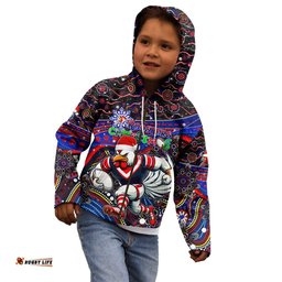 Merry Christmas Sydney Roosters Kid Hoodie Aboriginal Santa Rugby Mascot Tricolours